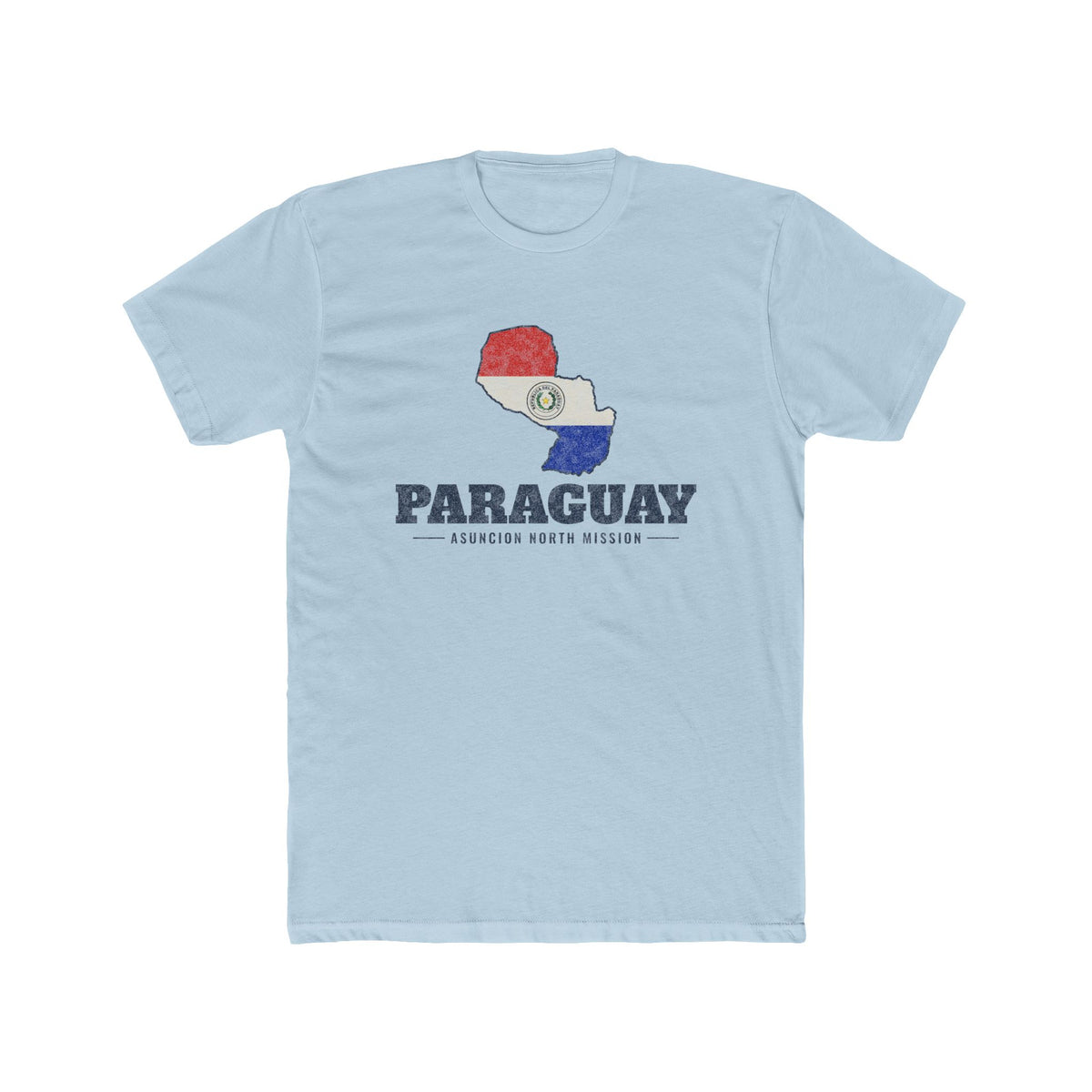 Paraguay Asuncion North Mission Flag Map shirt in Desert Pink: flag of Paraguay in the outline of Paraguay with navy lettering, front view