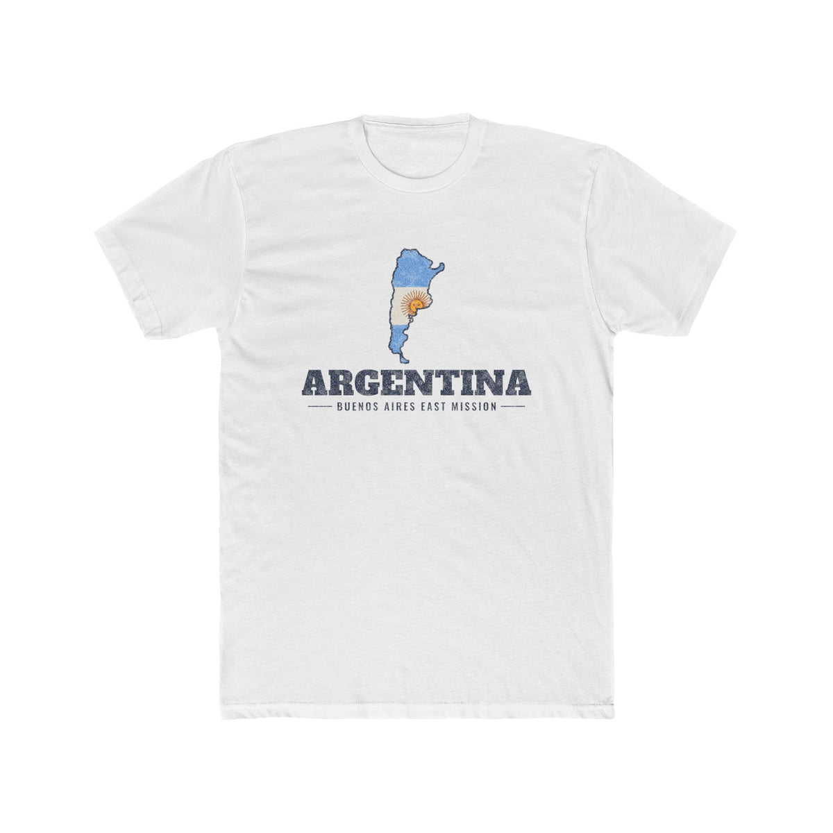 Argentina Buenos Aires East Mission Flag Map shirt in White: flag of Argentina in the outline of Argentina with navy lettering, front view