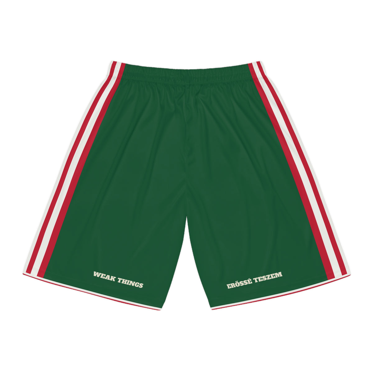 Hungary Budapest Mission Basketball Shorts, back view with WEAK THINGS and ERŐSSÉ TESZEM on the legs
