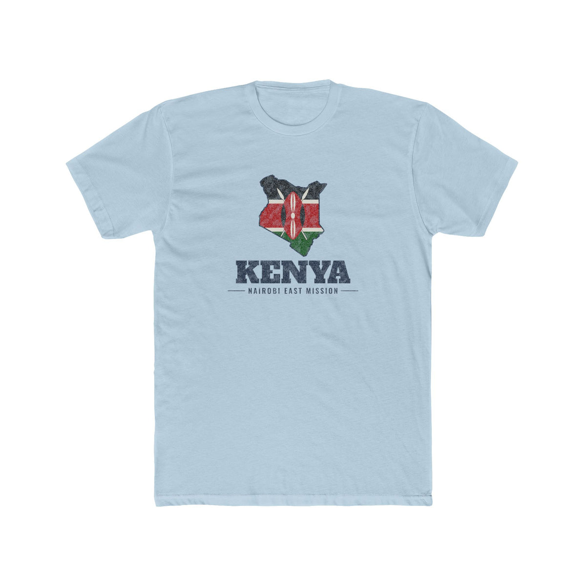 Kenya Nairobi East Mission Flag Map shirt in Desert Pink: flag of Kenya in the outline of Kenya with navy lettering, front view