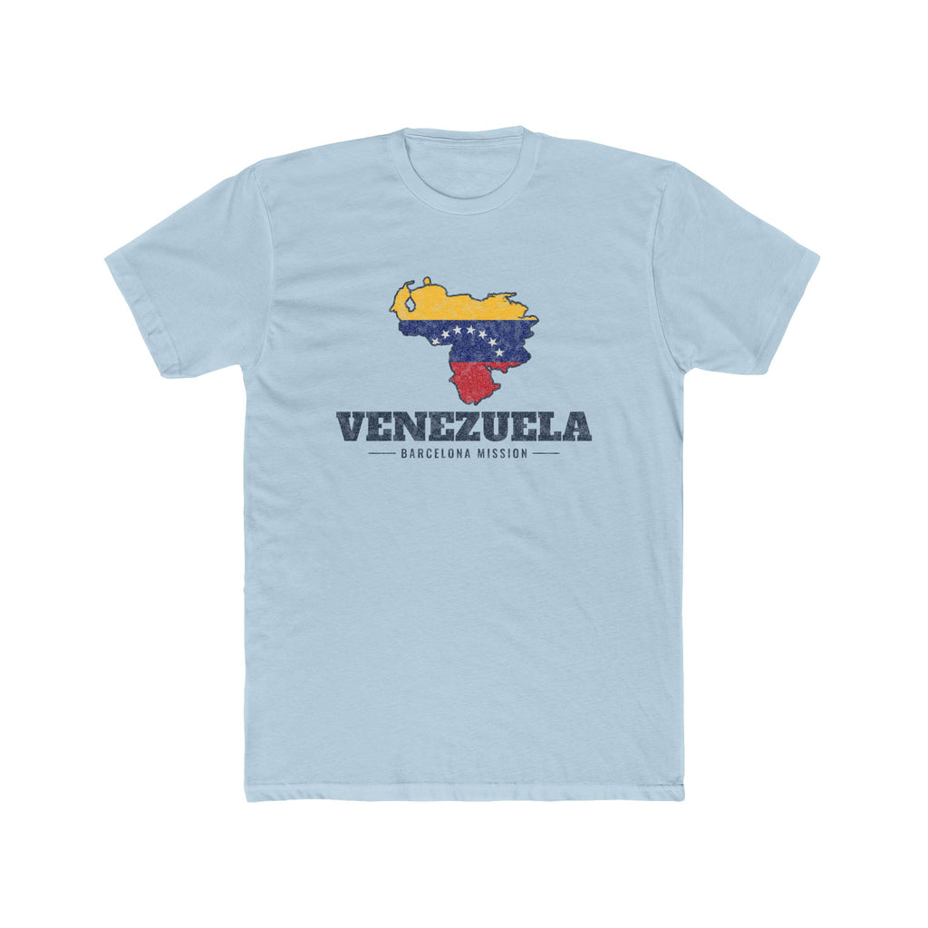 Venezuela Barcelona Mission Flag Map shirt in Desert Pink: flag of Venezuela in the outline of Venezuela with navy lettering, front view