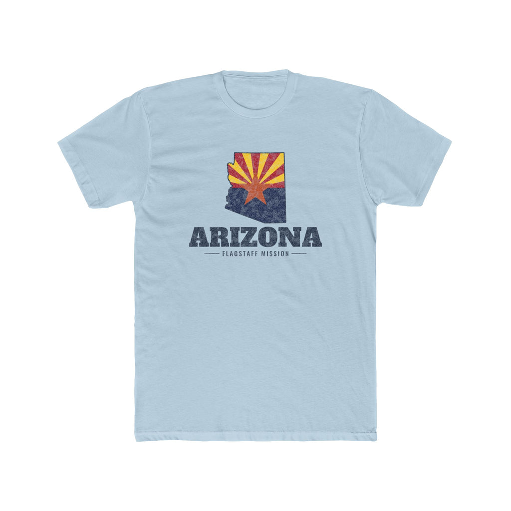 Arizona Flagstaff Mission Flag Map shirt in Desert Pink: Arizona state flag in the outline of Arizona with navy lettering, front view