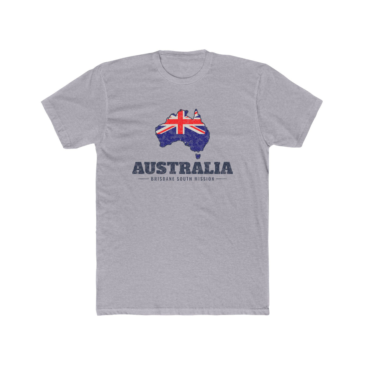 Australia Brisbane South Mission Flag Map shirt in Heather Grey: flag of Australia in the outline of Australia with navy lettering, front view