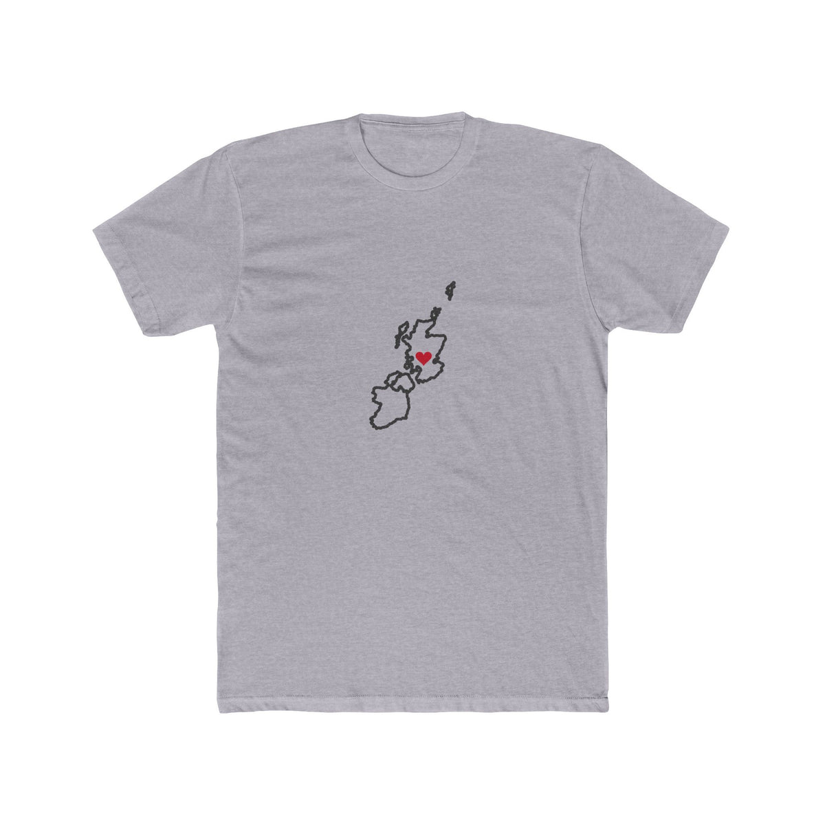 Scotland/Ireland Mission Heart Map shirt in Heather Grey: Scotland outline with a red heart, front view
