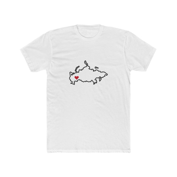 Russia Yekaterinburg Mission Heart Map shirt in White: Russia outline with a red heart, front view