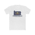 Pennsylvania Pittsburgh Mission Flag Map shirt in White: Pennsylvania state flag in the outline of Pennsylvania with navy lettering, front view