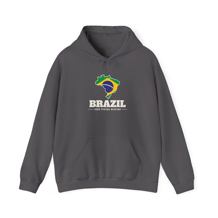 Brazil Joao Pessoa Mission Flag Map Hoodie in Charcoal, front view with the Brazil flag map and mission name
