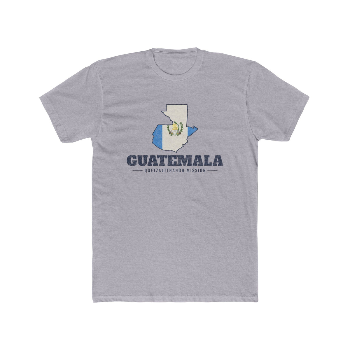 Guatemala Quetzaltenango Mission Flag Map shirt in Heather Grey: flag of Guatemala in the outline of Guatemala with navy lettering, front view