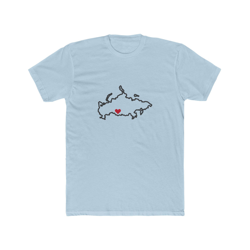 Russia Novosibirsk Mission Heart Map shirt in Light Blue: Russia outline with a red heart, front view