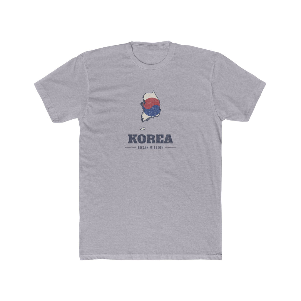 Korea Busan Mission Flag Map shirt in Heather Grey: flag of South Korea in the outline of South Korea with navy lettering, front view