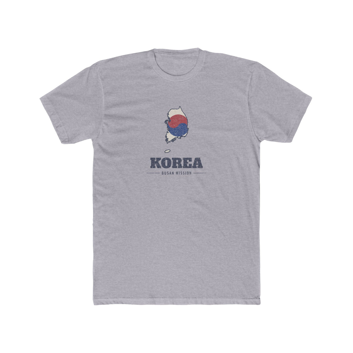 Korea Busan Mission Flag Map shirt in Heather Grey: flag of South Korea in the outline of South Korea with navy lettering, front view