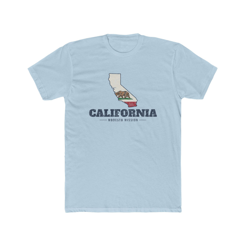 California Modesto Mission Flag Map shirt in Desert Pink: California state flag in the outline of California with navy lettering, front view