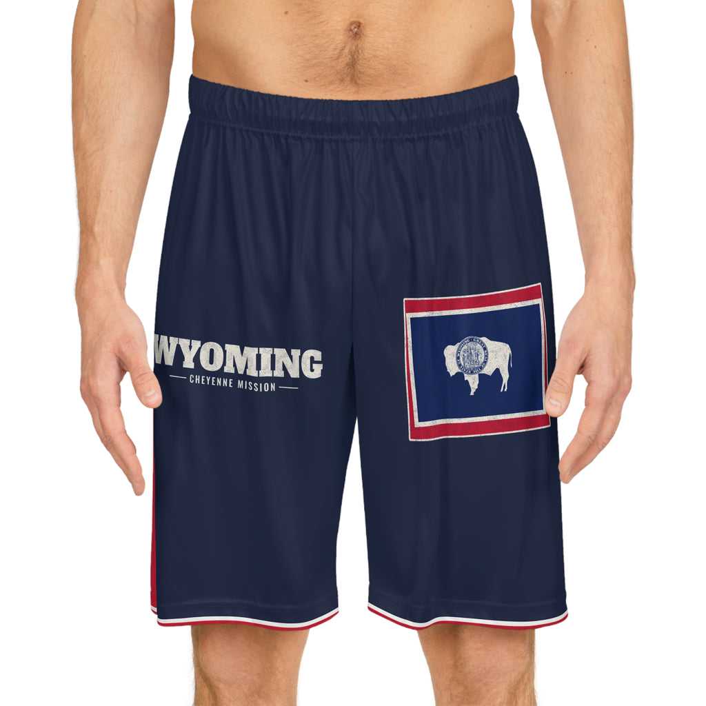 Wyoming Cheyenne Mission Basketball Shorts, worn, front view
