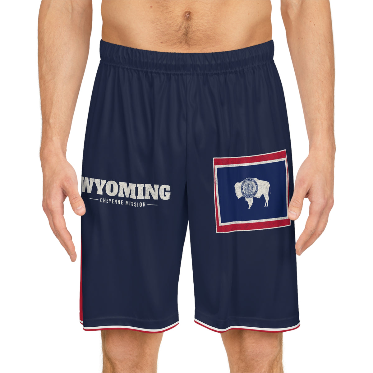 Wyoming Cheyenne Mission Basketball Shorts, worn, front view