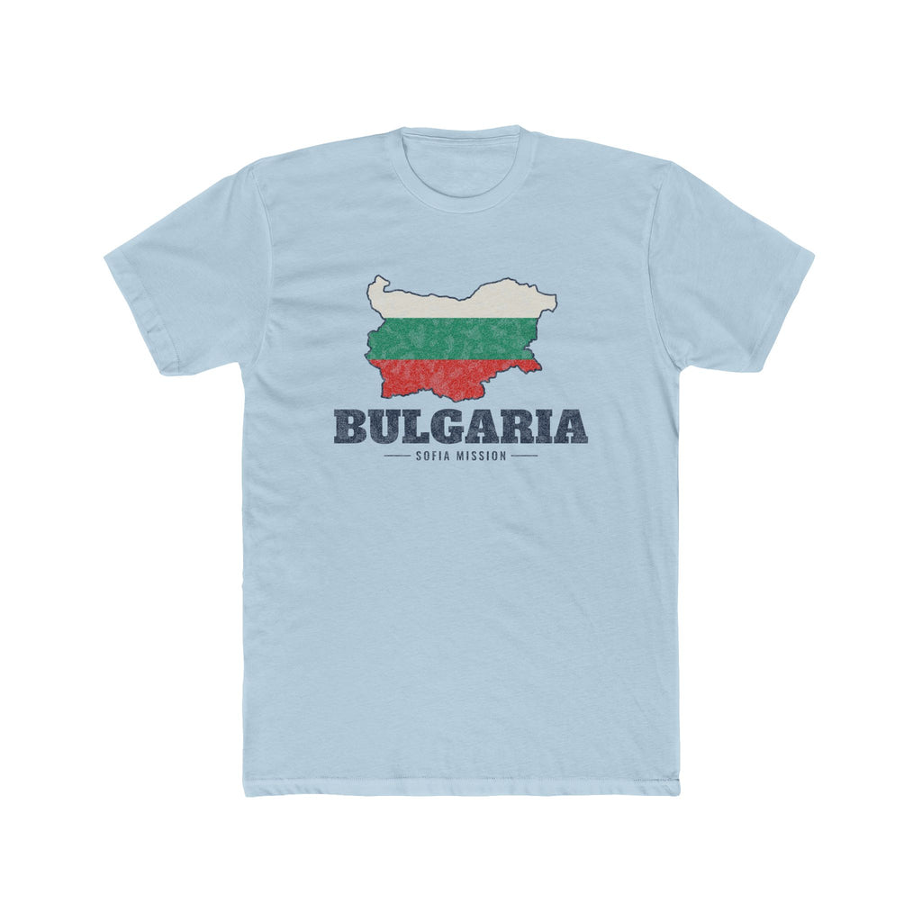 Bulgaria Sofia Mission Flag Map shirt in Desert Pink: flag of Bulgaria in the outline of Bulgaria with navy lettering, front view