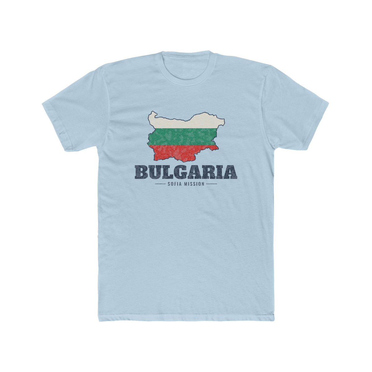 Bulgaria Sofia Mission Flag Map shirt in Desert Pink: flag of Bulgaria in the outline of Bulgaria with navy lettering, front view