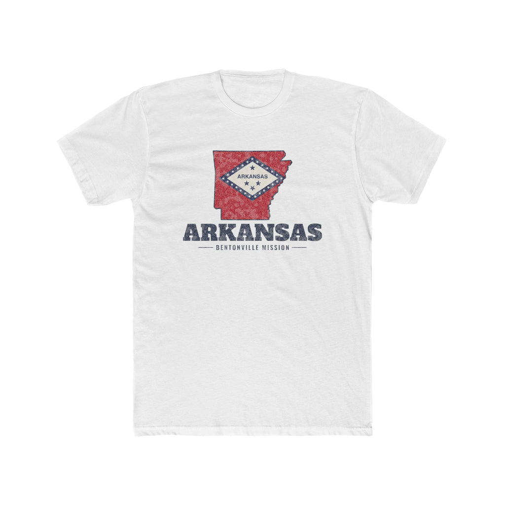 Arkansas Bentonville Mission Flag Map shirt in White: Arkansas state flag in the outline of Arkansas with navy lettering, front view