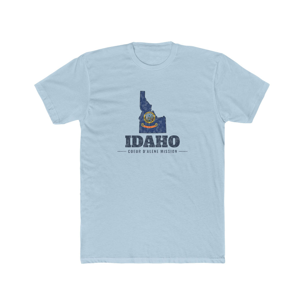 Idaho Coeur d'Alene Mission Flag Map shirt in Desert Pink: Idaho state flag in the outline of Idaho with navy lettering, front view