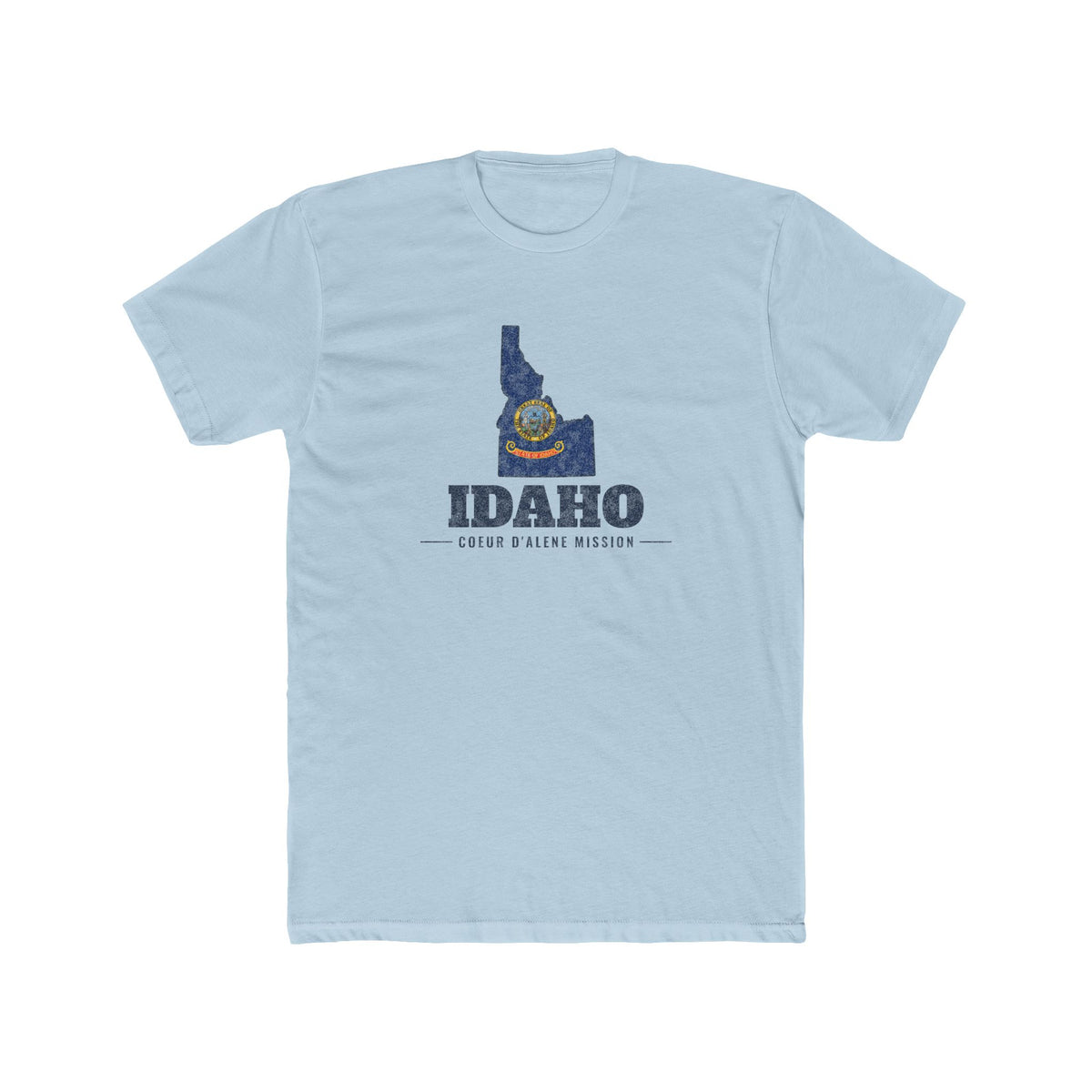 Idaho Coeur d'Alene Mission Flag Map shirt in Desert Pink: Idaho state flag in the outline of Idaho with navy lettering, front view