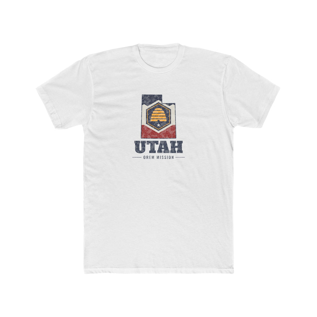 Utah Orem Mission Flag Map shirt in White: Utah state flag in the outline of Utah with navy lettering, front view