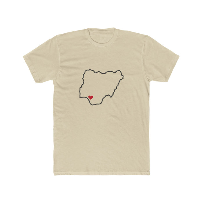 Nigeria Benin City Mission Heart Map shirt in Cream: Nigeria outline with a red heart, front view