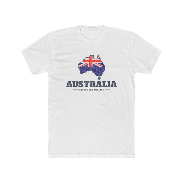 Australia Melbourne Mission Flag Map shirt in White: flag of Australia in the outline of Australia with navy lettering, front view