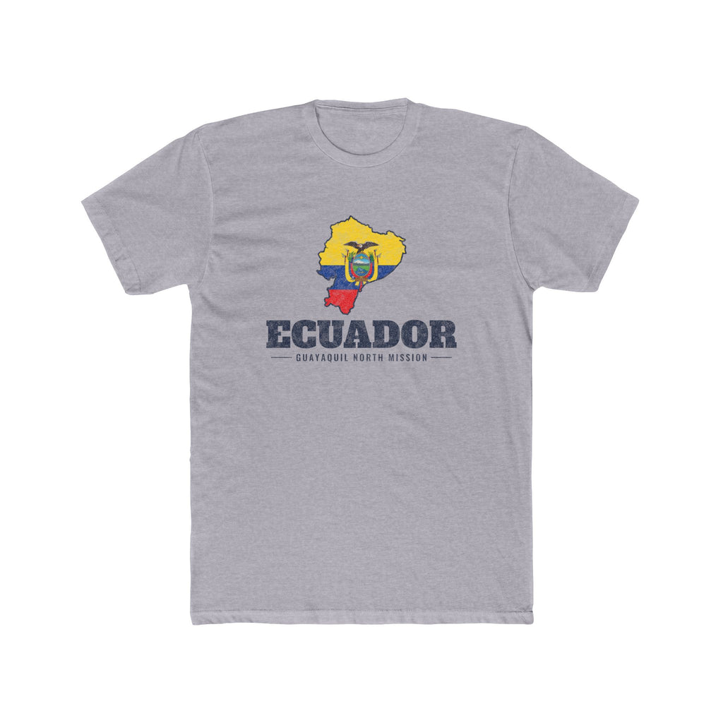 Ecuador Guayaquil North Mission Flag Map shirt in Heather Grey: flag of Ecuador in the outline of Ecuador with navy lettering, front view