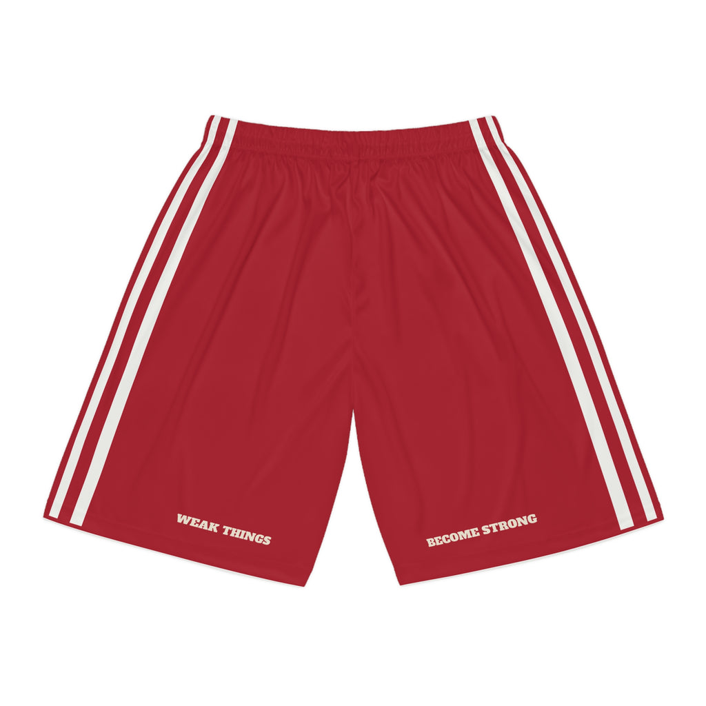 Washington DC North Mission Basketball Shorts, back view with WEAK THINGS and BECOME STRONG on the legs