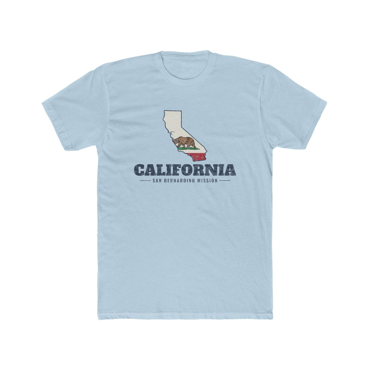 California San Bernardino Mission Flag Map shirt in Desert Pink: California state flag in the outline of California with navy lettering, front view