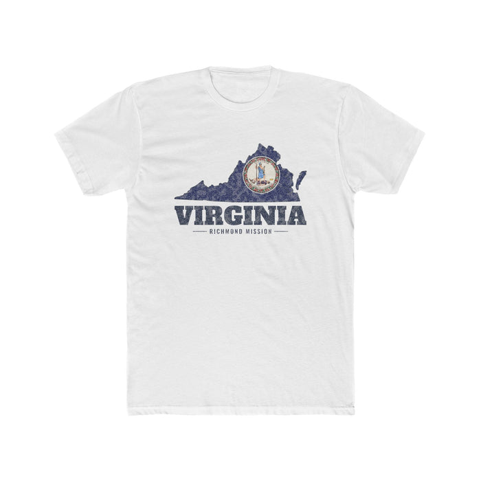 Virginia Richmond Mission Flag Map shirt in White: Virginia state flag in the outline of Virginia with navy lettering, front view