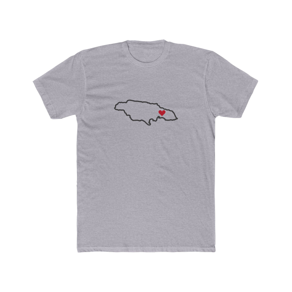 Jamaica Kingston Mission Heart Map shirt in Heather Grey: Jamaica outline with a red heart, front view