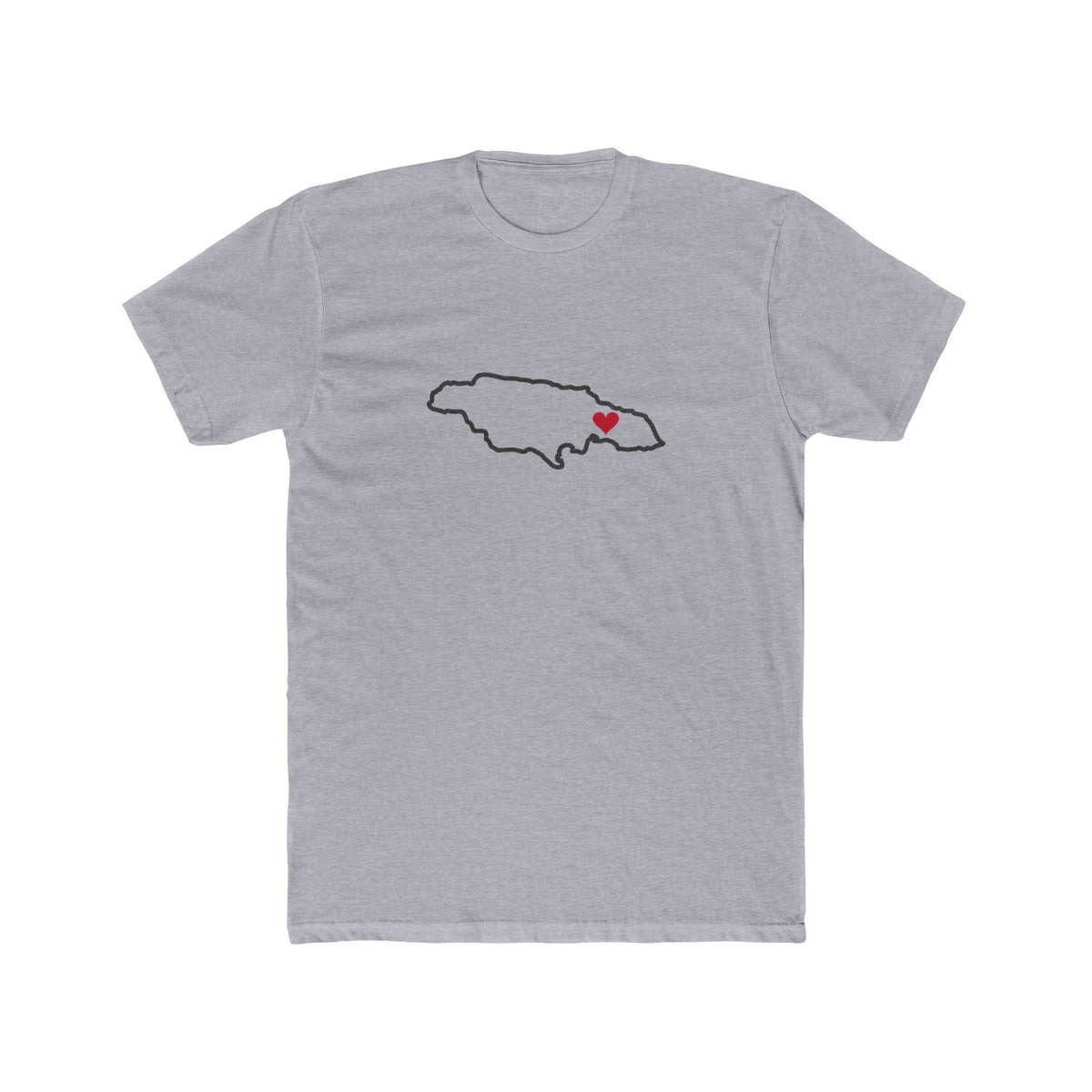 Jamaica Kingston Mission Heart Map shirt in Heather Grey: Jamaica outline with a red heart, front view