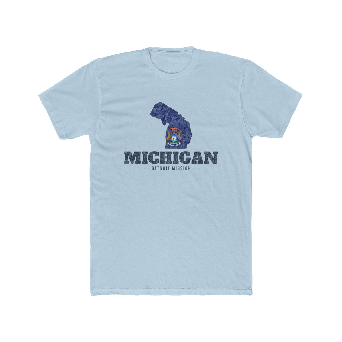 Michigan Detroit Mission Flag Map shirt in Desert Pink: Michigan state flag in the outline of Michigan with navy lettering, front view