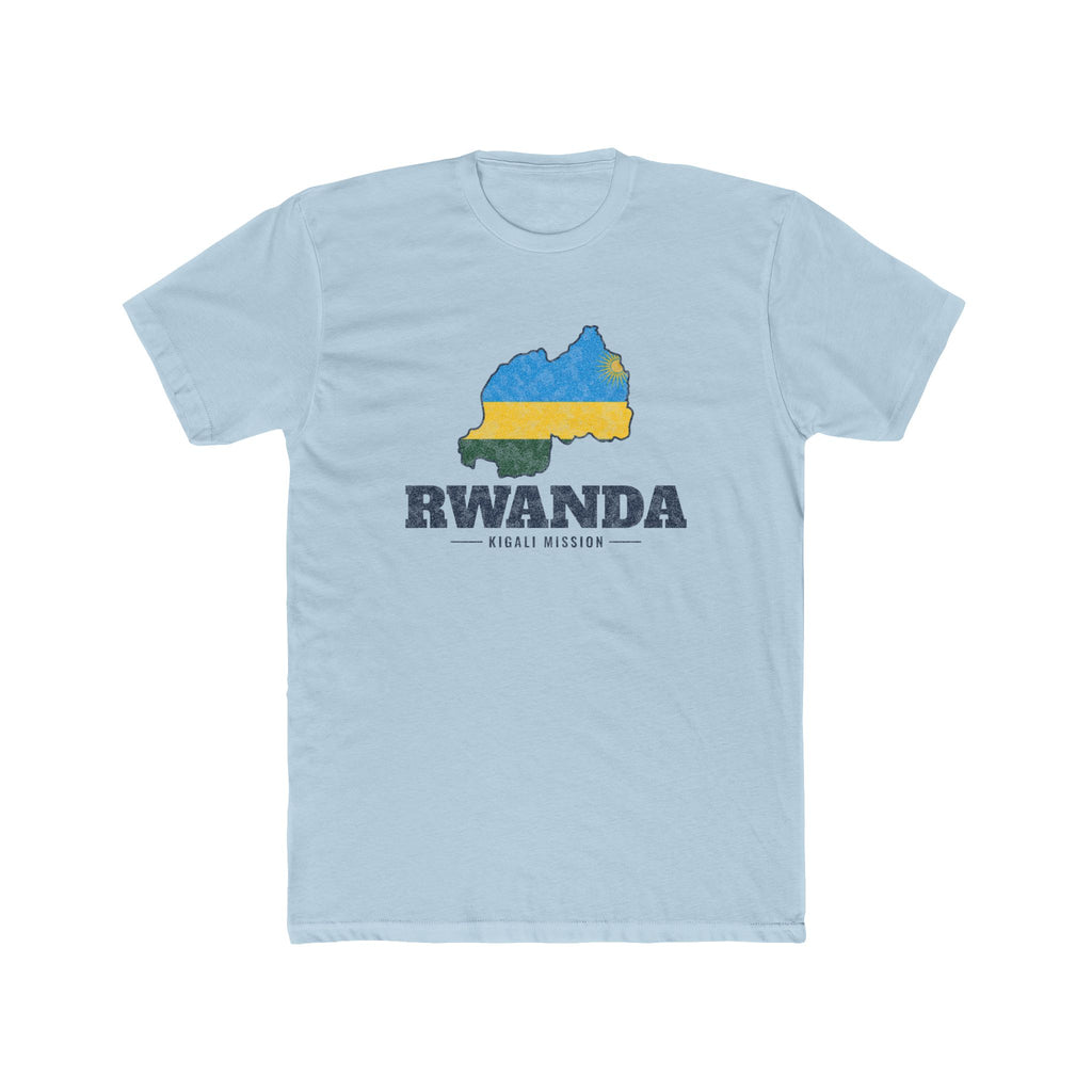 Rwanda Kigali Mission Flag Map shirt in Desert Pink: flag of Rwanda in the outline of Rwanda with navy lettering, front view