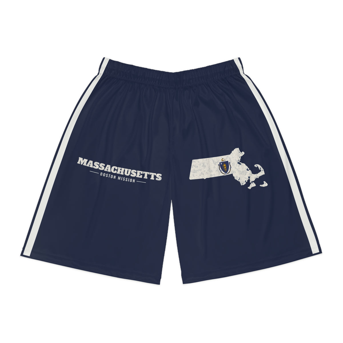 Massachusetts Boston Mission Basketball Shorts, front view