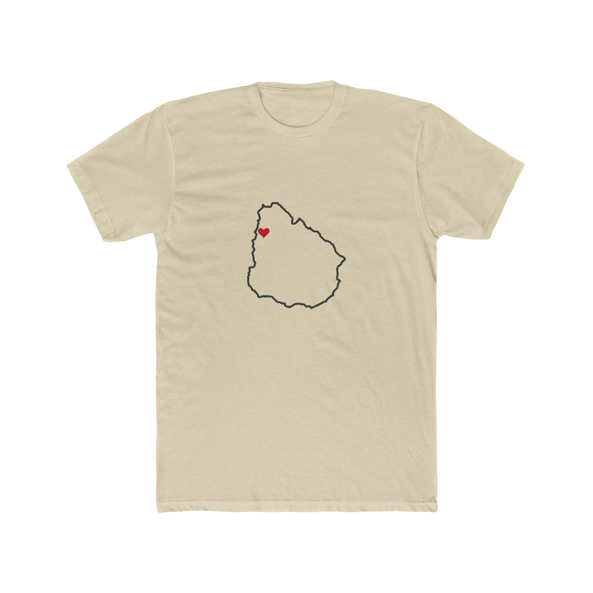 Uruguay Salto Mission Heart Map shirt in Cream: Uruguay outline with a red heart, front view