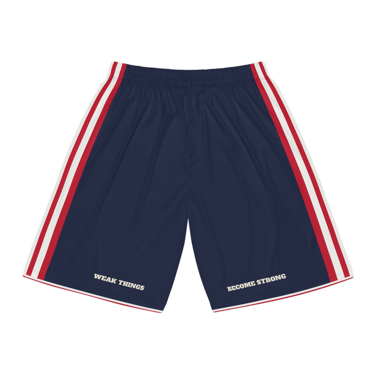 Utah Provo Mission Basketball Shorts, back view with WEAK THINGS and BECOME STRONG on the legs
