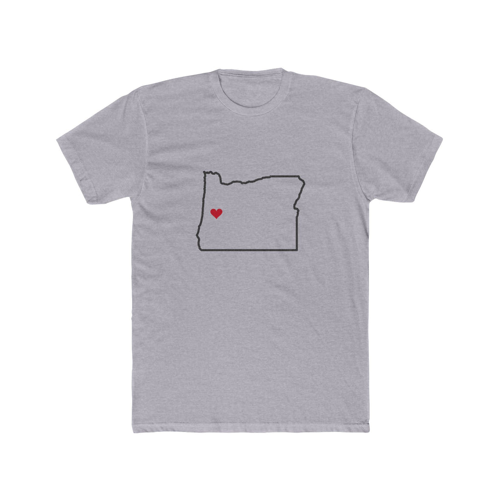 Oregon Eugene Mission Heart Map shirt in Heather Grey: Oregon outline with a red heart, front view