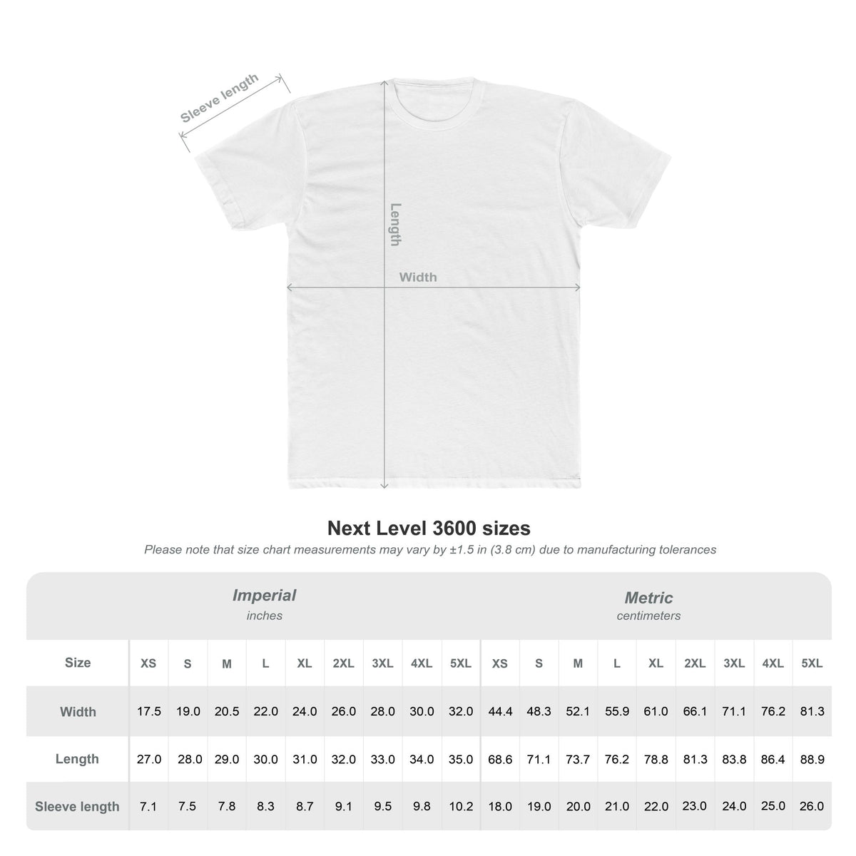 Size chart for the Next Level 3600 T-shirt