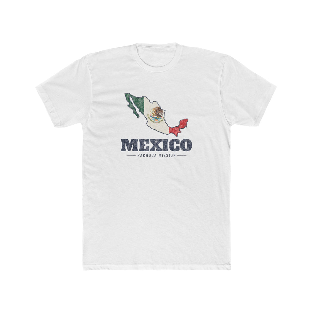 Mexico Pachuca Mission Flag Map shirt in White: flag of Mexico in the outline of Mexico with navy lettering, front view