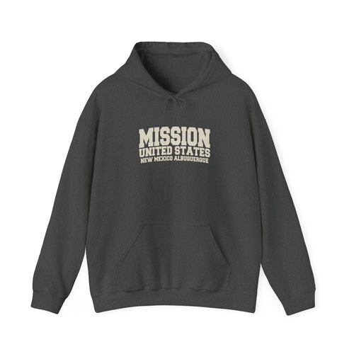 New Mexico Albuquerque Mission Hoodie in Dark Heather, front view with the varsity mission design