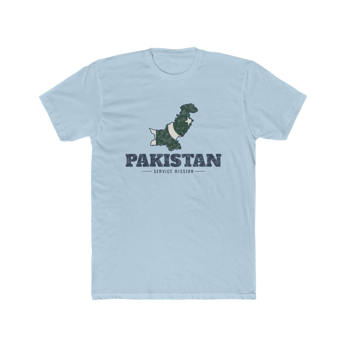 Pakistan Service Mission Flag Map shirt in Desert Pink: flag of Pakistan in the outline of Pakistan with navy lettering, front view