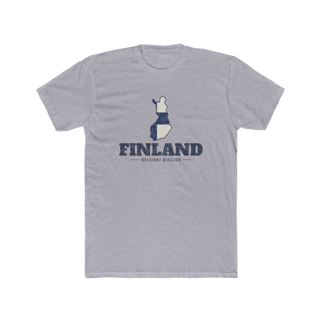 Finland Helsinki Mission Flag Map shirt in Heather Grey: flag of Finland in the outline of Finland with navy lettering, front view