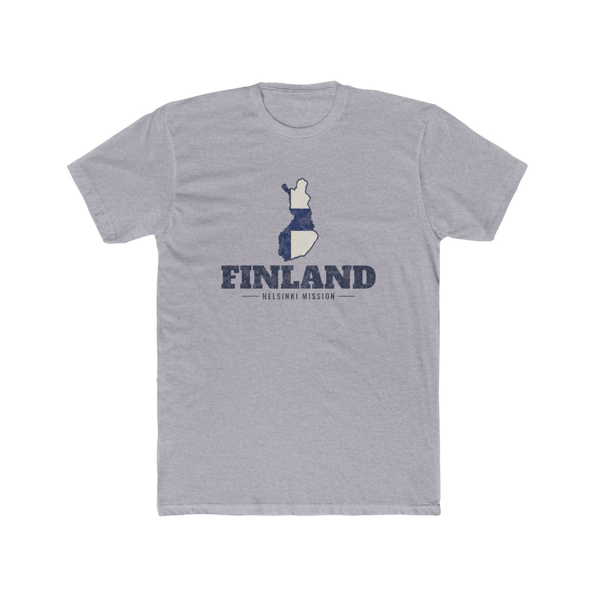 Finland Helsinki Mission Flag Map shirt in Heather Grey: flag of Finland in the outline of Finland with navy lettering, front view