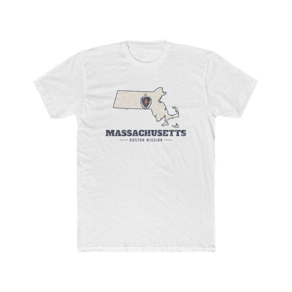 Massachusetts Boston Mission Flag Map shirt in White: Massachusetts state flag in the outline of Massachusetts with navy lettering, front view