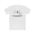 Massachusetts Boston Mission Flag Map shirt in White: Massachusetts state flag in the outline of Massachusetts with navy lettering, front view