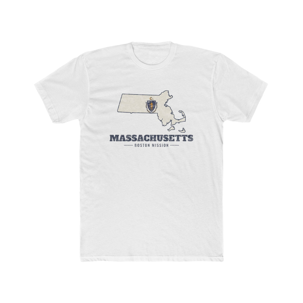 Massachusetts Boston Mission Flag Map shirt in White: Massachusetts state flag in the outline of Massachusetts with navy lettering, front view