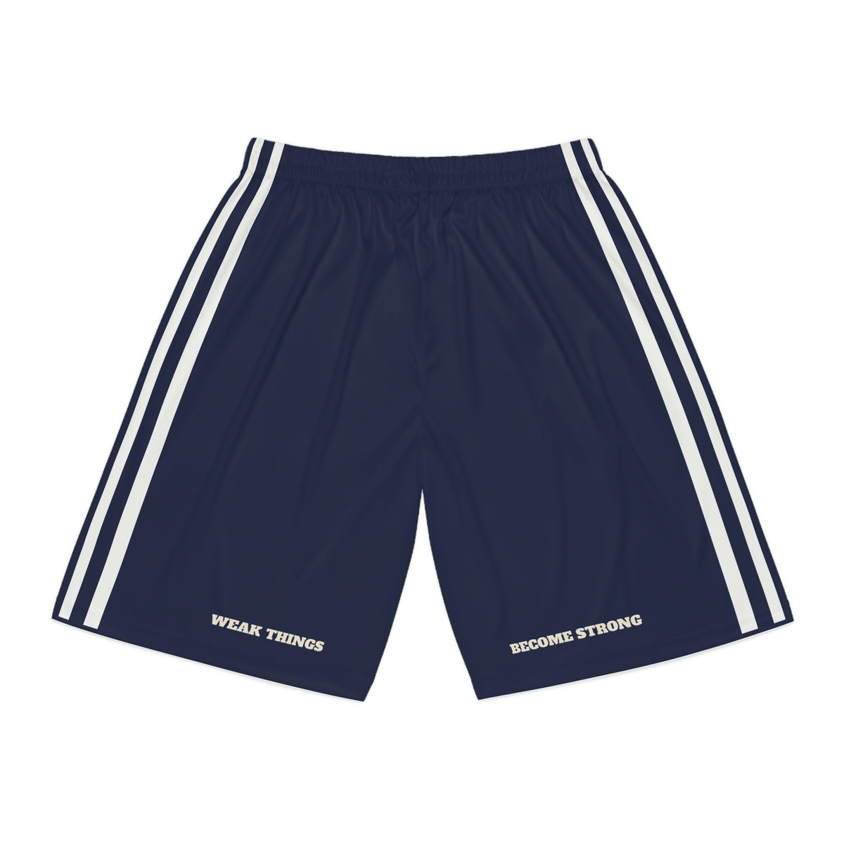 Massachusetts Boston Mission Basketball Shorts, back view with WEAK THINGS and BECOME STRONG on the legs