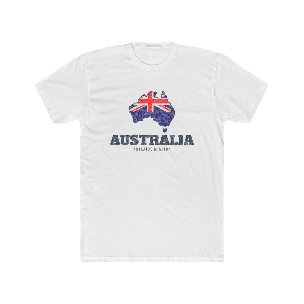 Australia Adelaide Mission Flag Map shirt in White: flag of Australia in the outline of Australia with navy lettering, front view