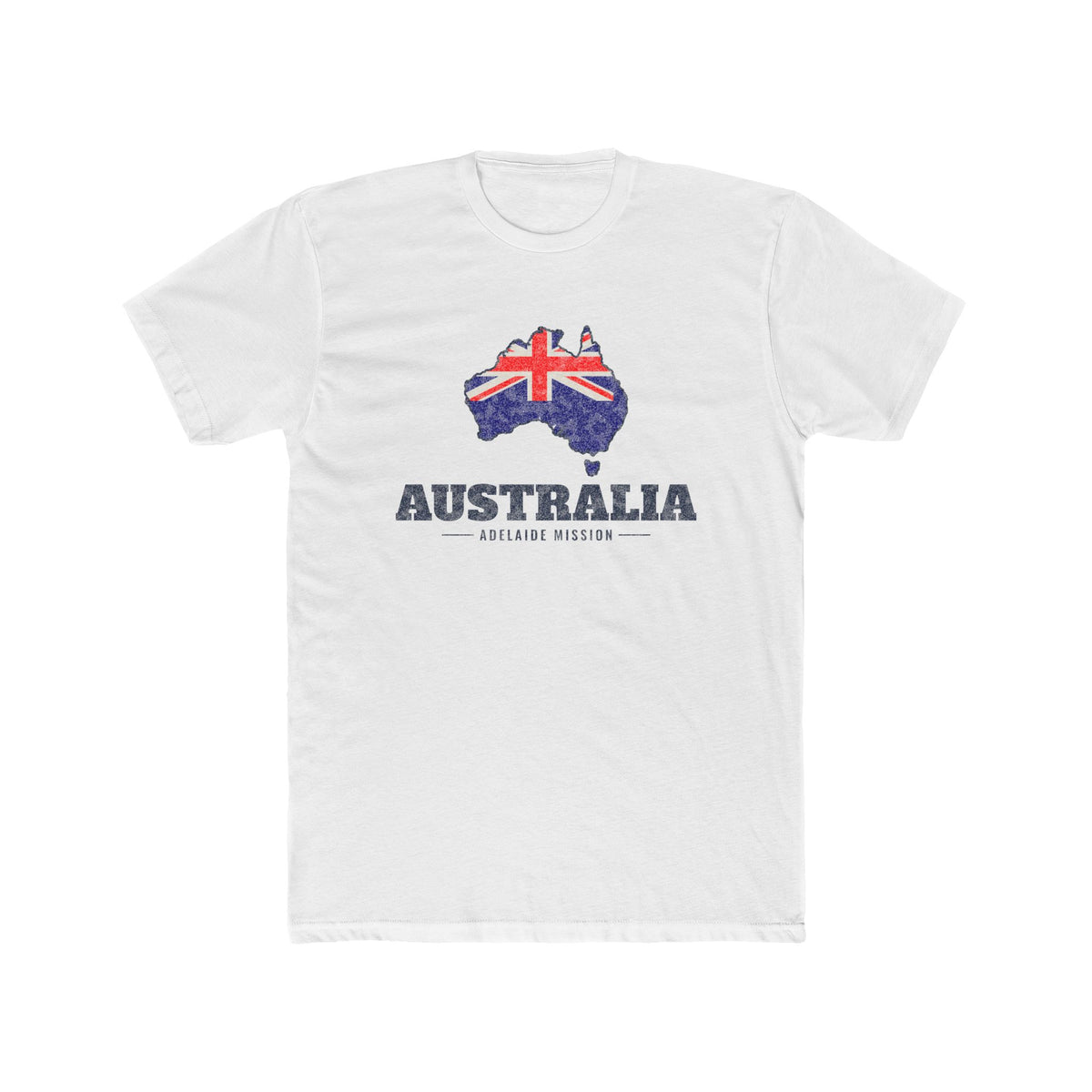 Australia Adelaide Mission Flag Map shirt in White: flag of Australia in the outline of Australia with navy lettering, front view